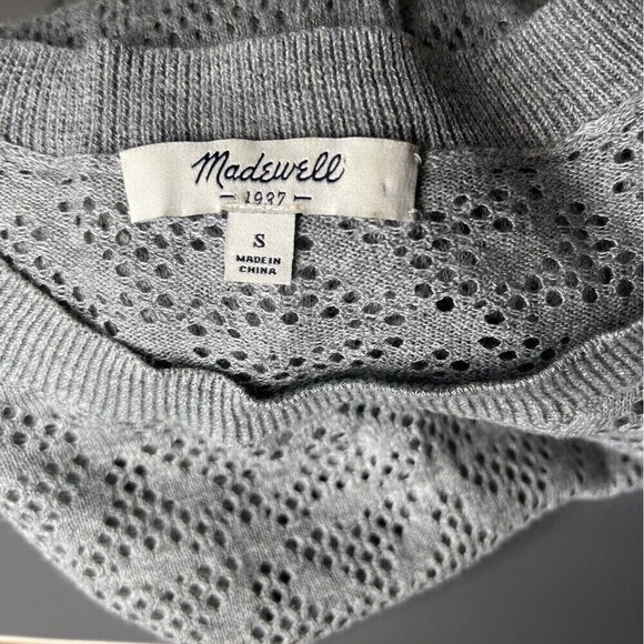 Madewell Eyelet Sweater Gray Size S Long Sleeve Lightweight Crewneck Ribbed RARE - Picture 6 of 7